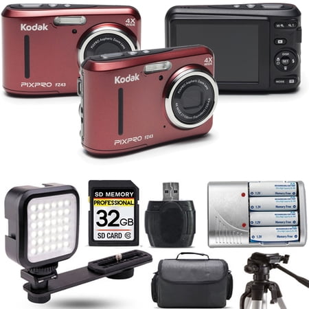Kodak PIXPRO FZ43 Digital Camera (Red)+ Extra Battery + LED - 32GB Kit