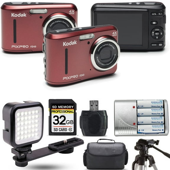 Kodak PIXPRO FZ43 Digital Camera (Red) Extra Battery LED - 32GB Kit