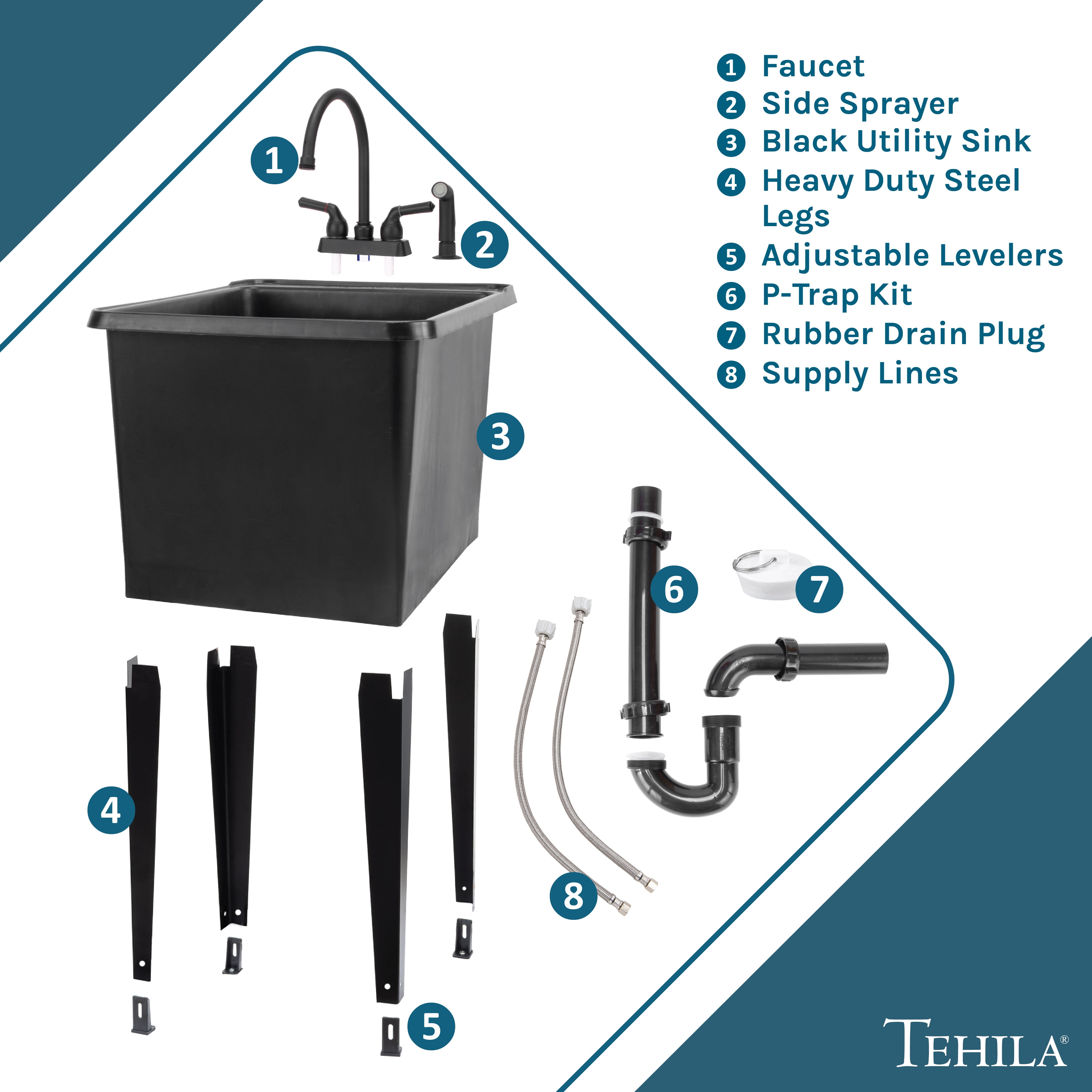 TEHILA Space Saver 16 Gallon Black Utility Sink with Black Faucet & Side-Sprayer