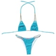 thumbnail image 5 of Wuxian Women 2 Piece Bikini Set Swimwear Summer Solid Color Chain Halter Backless Deep V-Neck Spaghetti Strap Push-Up Padded Bra Low Waist Swimsuit Fashionable Beachwear,Blue,M, 5 of 6