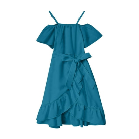 

Girls Dresses Summer Soild Dress Shoulder Chiffon Ruffles Sundress Spaghetti Strap Casual Beach Dresses Baby Girl Clothes