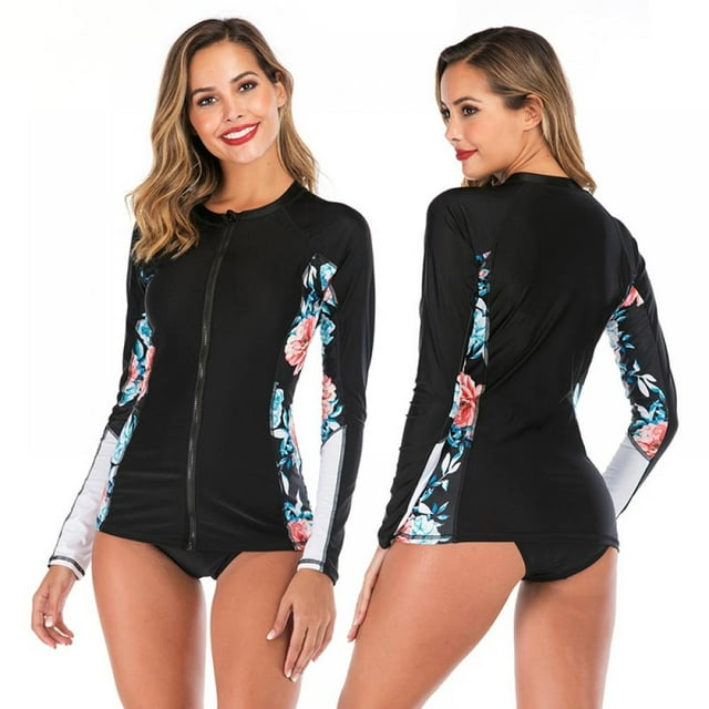 Women Rash Guard Patchwork Long Sleeve Full Length Zipper Sunshade Two Piece Beach Surfing Diving Bathing Suit Swimsuit Swimwear