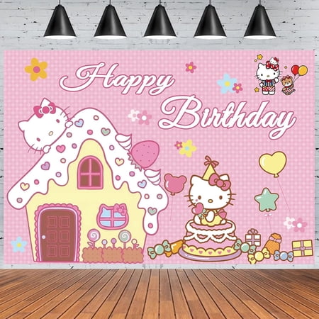 Kawaii Kitty Birthday Party Supplies Happy Birthday Backdrop for Kawaii Theme Party 5 x 3 FT Cute Kitty Photography Background Banner for Girls Boys Birthday Party Decorations