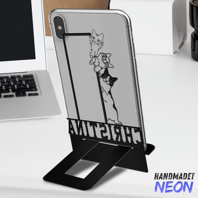 Handmadetneonsign Cute Cat Phone Stand, Funny Cat Metal Cell Phone Desk, Phone Holder 95293