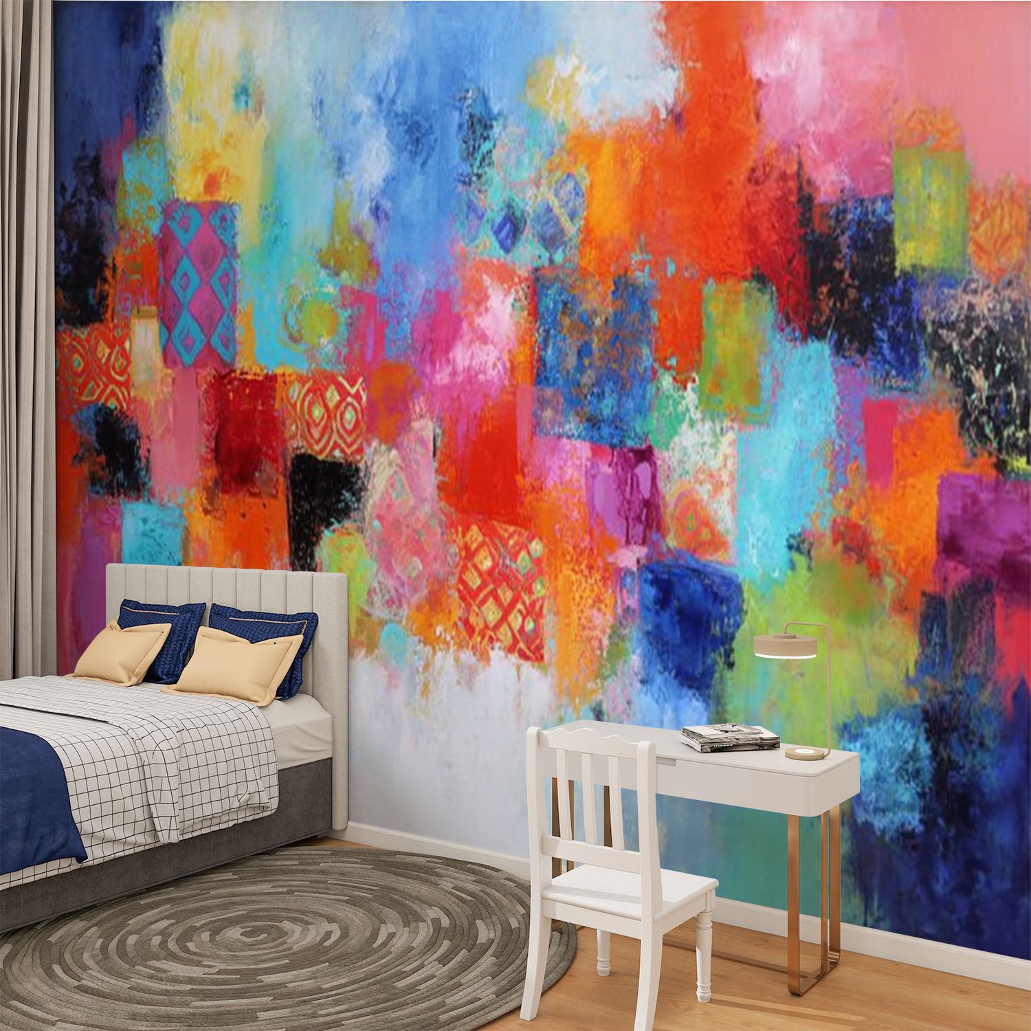 Peel and Stick Wallpaper Abstract Orange Pink Colorful Yellow Blue Red Texture Bold Strokes Modern Art Wall Mural Decor Self Adhesive and Removable 100in x 144in