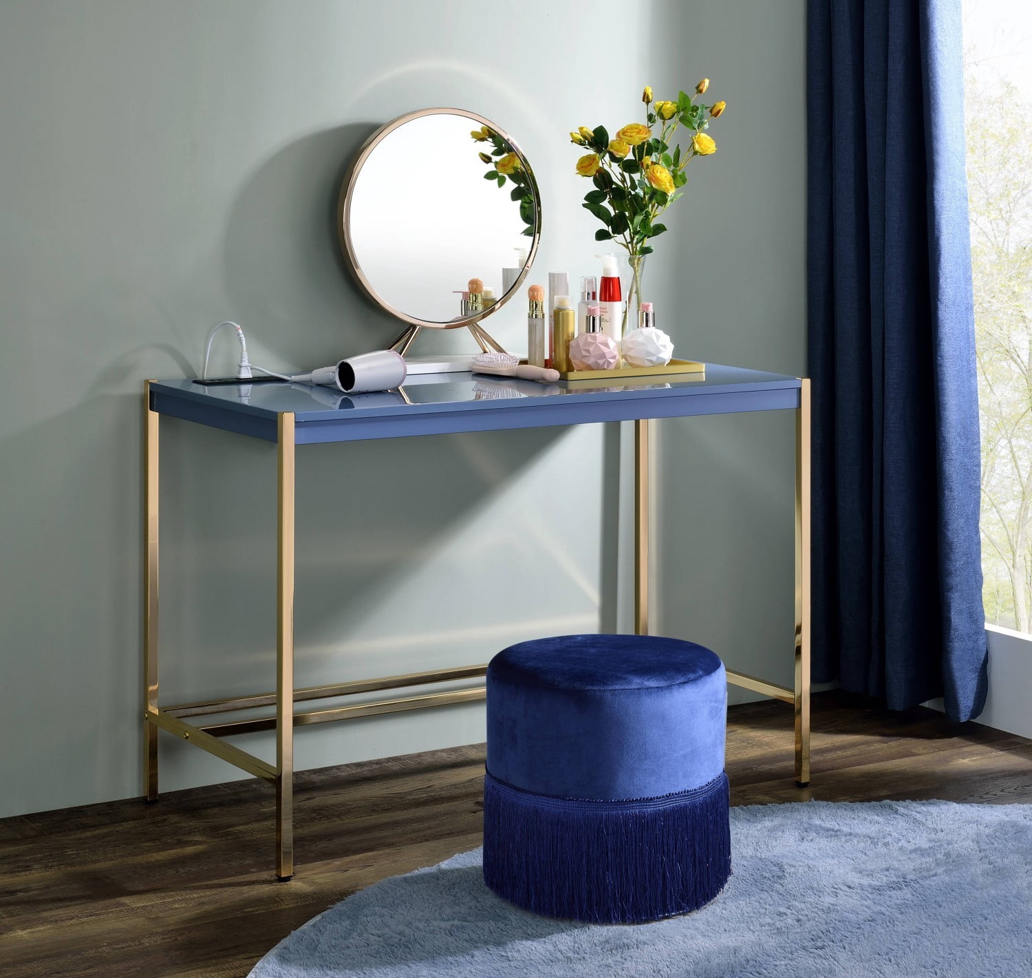 Modern Writing Desk with USB Port, Navy Blue & Gold Finish Minimalist Computer Desk for Home Office Bedroom Study