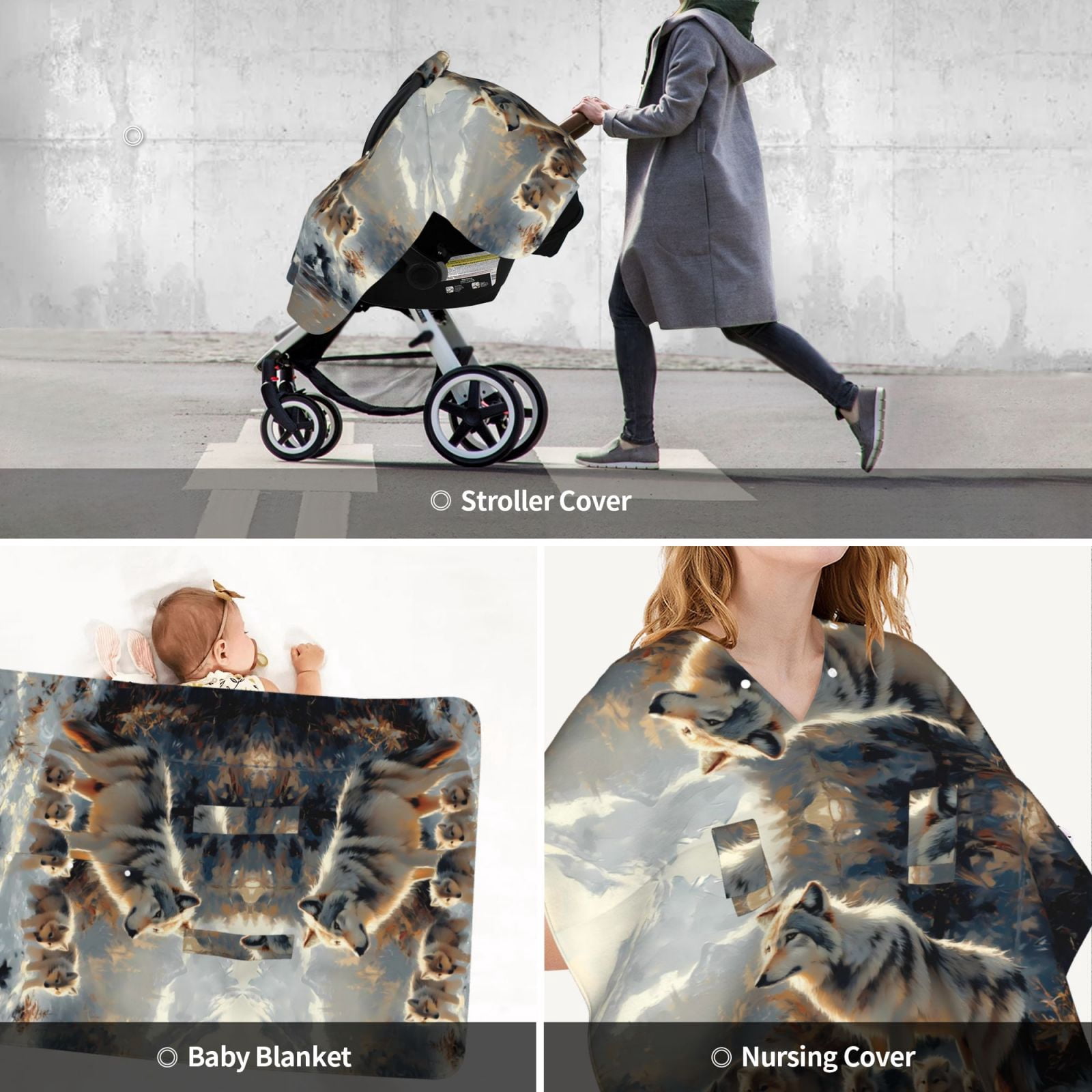 Car Seat Cover Baby - Wolf Family Winter Wonderland Breathable Infant Car Seat Cover for Baby Carseat, Lightweight Comfort Baby Essentials Must Haves Newborn Stuff for Girl Boy