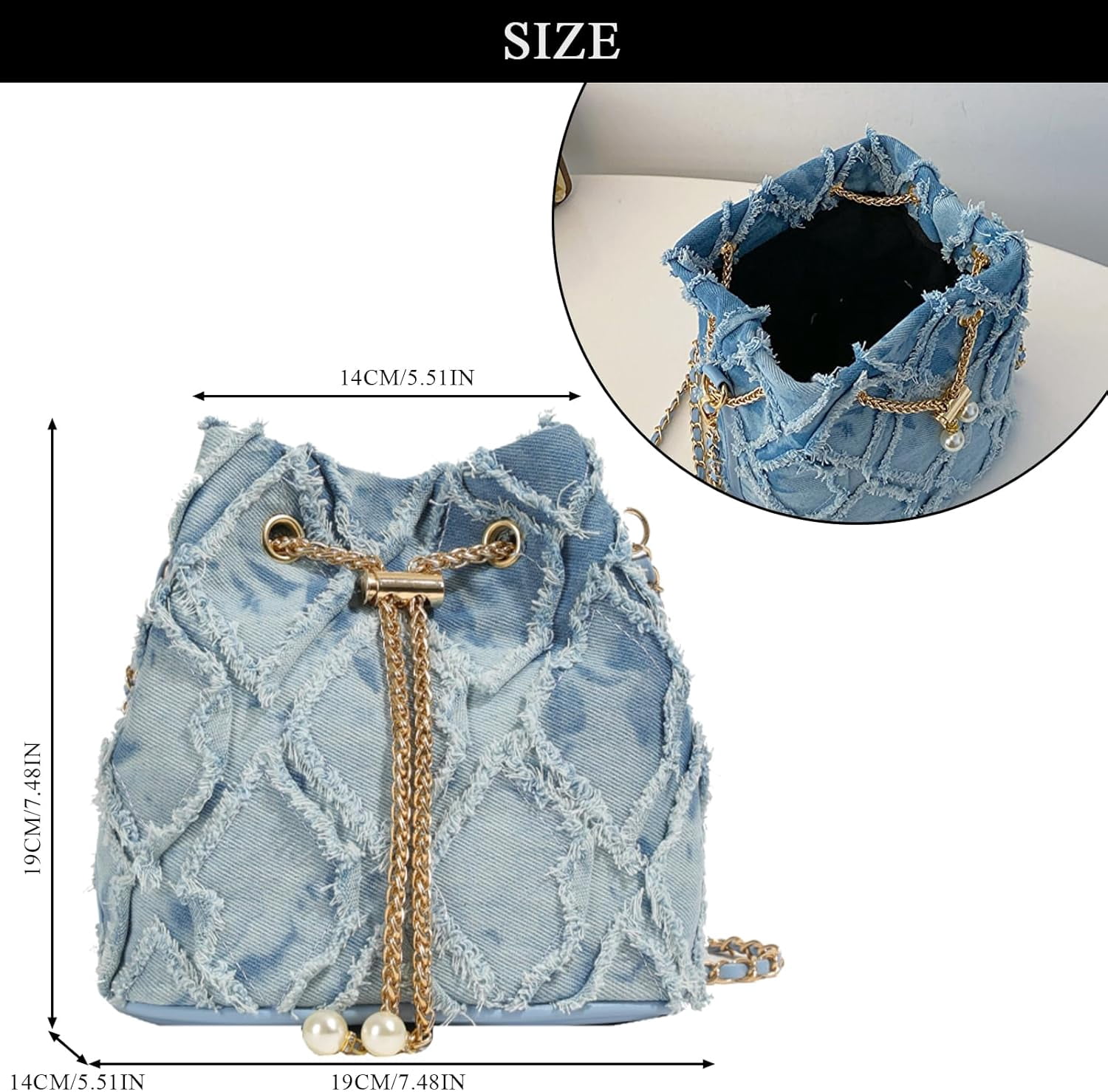 CoCoMangos Denim Bucket Bag, Jean Purses for Women Denim Crossbody Bags Hobo Bag Drawstring Handbag