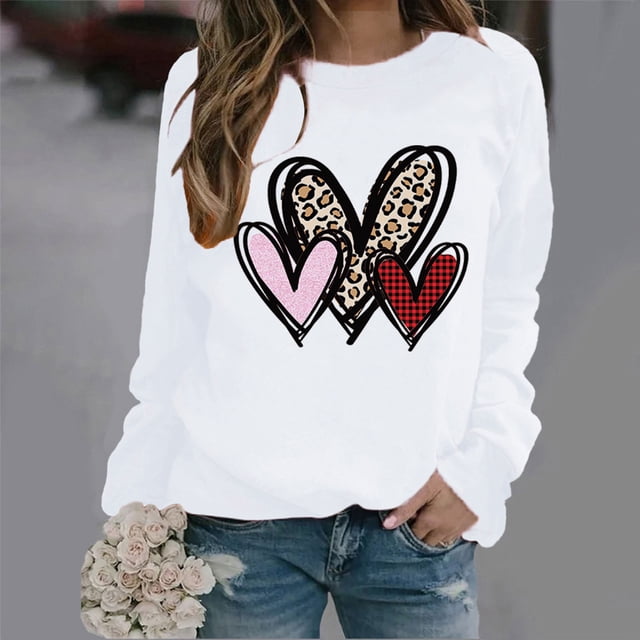 Styesk Chandails à Manches Longues pour Femmes, Imprimé de Cœur, Hauts de Sortie, T-Shirts Confortables et Doux à Col Rond, Chandail à Enfiler, Mode, Ample, Léger, Chandail en Molleton, Graphique de la Saint-Valentin, Hauts Décontractés