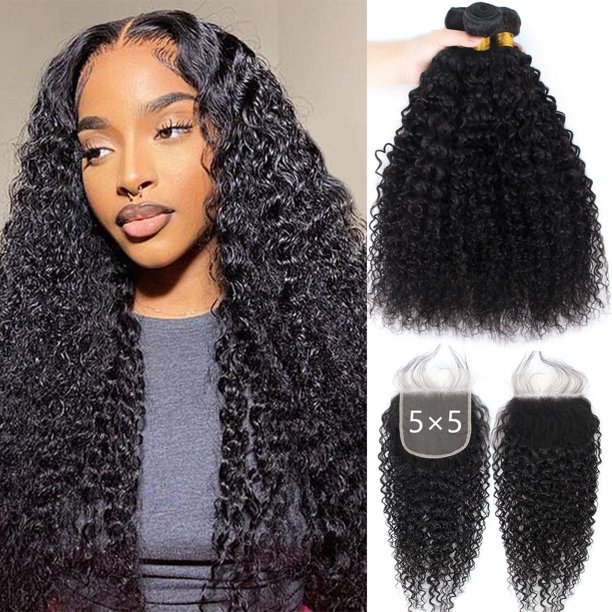 12A paquetes rizados cabello humano con cierre de encaje 5x5 HD (20 22 24+18 "") cabello virgen brasileño sin procesar rizado 3 paquetes con cierre de encaje paquetes de tejido de cabello humano col
