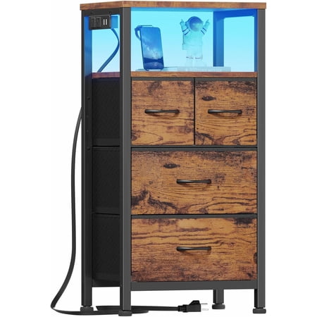 Furnulem 4 Drawer Night Stand with Charging Station, Small Dresser with Led Light, 33 Inch Bedside Table with Wood Shelf and Fabric Bins, Tall Nightstand for Entryway, Bedroom Furniture, Rustic Brown