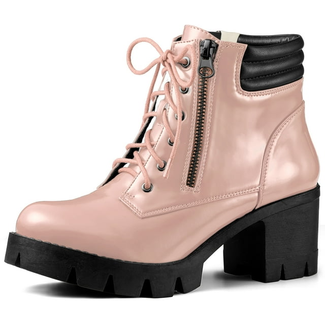 Unique Bargains Women's Rounded Toe Side Zip Combat Block Heel Ankle Boots