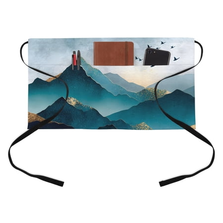 Misty Mountains Kitchen Restaurant Half Waist Apron, Flying Birds Nature Peaks Navy Blue Server Short Apron with 3 Pockets Waterproof Oil Waist Aprons for Women Waitress Waiter