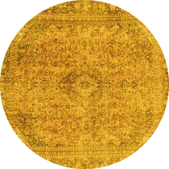 Ahgly Company Machine Washable Indoor Round Abstract Yellow Modern Area Rugs, 8' Round