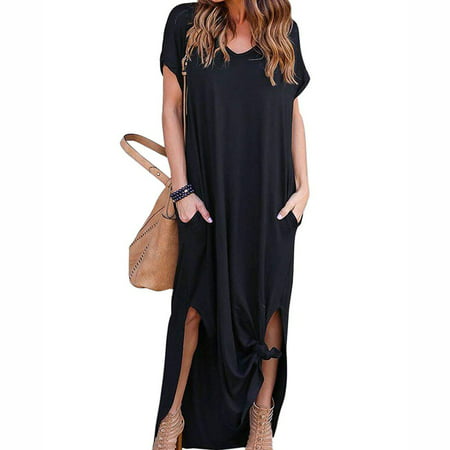 Women T-Shirt Long Maxi Dress Split Evening Party Shirt Dress Summer Beach Dress Black Size M