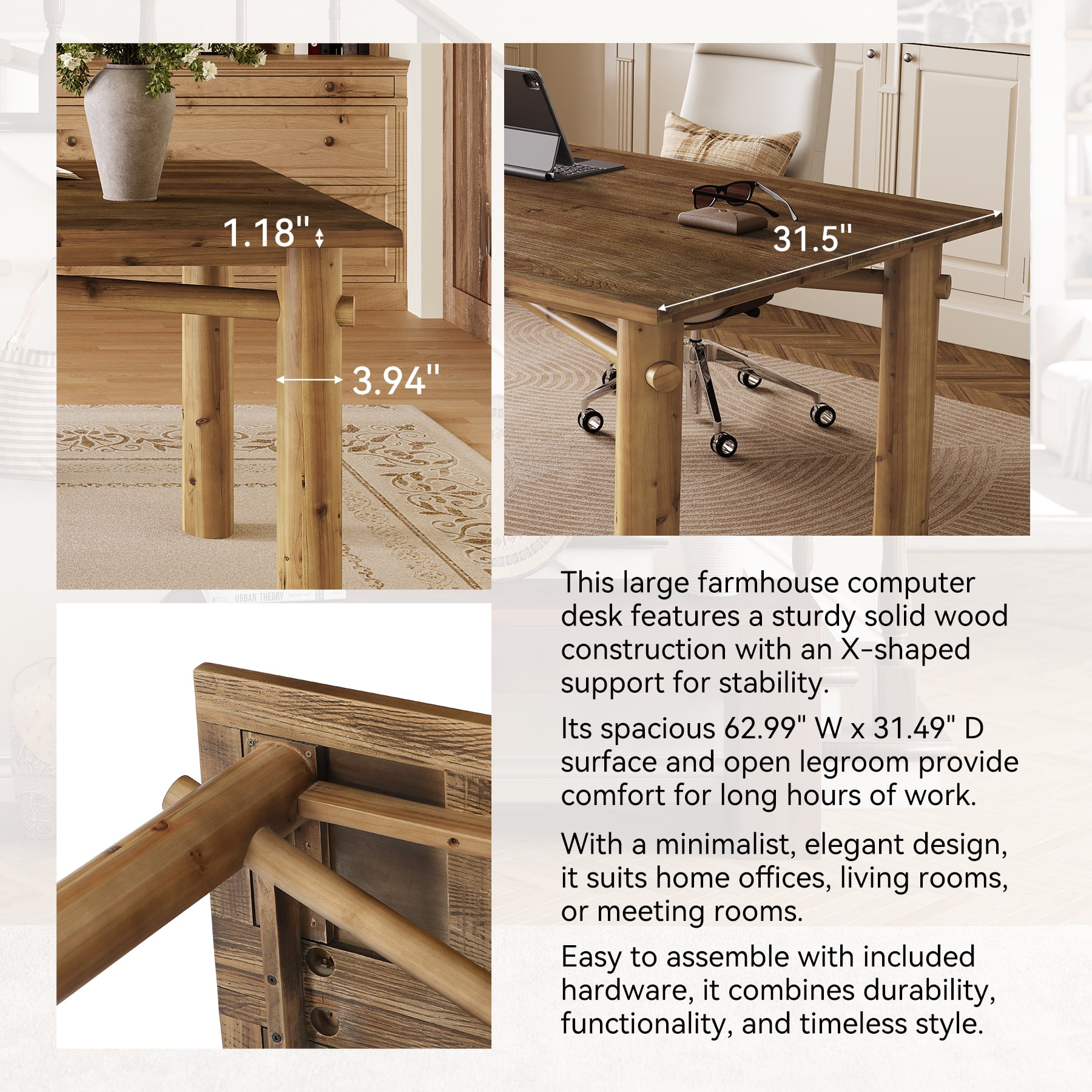 Finmind Solid Wood Computer Desk, 62.99 Inch Large Farmhouse Executive Desk for Office, Home, Study Room, Brown