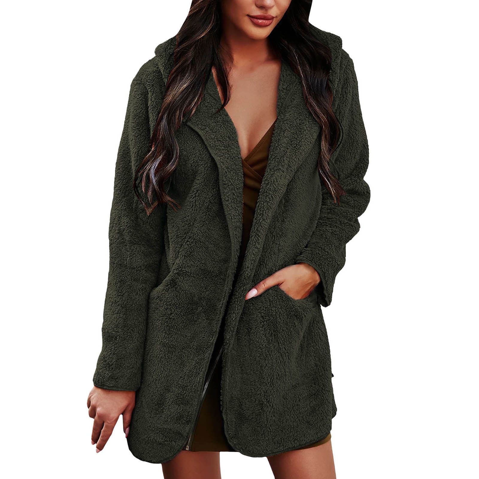 Qepwscx Outerwear For Women Womens Coats Women'S Autumn/Winter Solid Color  Lapel Long Sleeve Cardigan Plush Hooded Jacket Tops Clearance