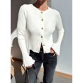 thumbnail image 5 of Women Trendy Crew Neck Ribbed Knit Crop Bell Long Sleeve Open Front Button Down Sweater Shirt Fall Outfit White S, 5 of 7