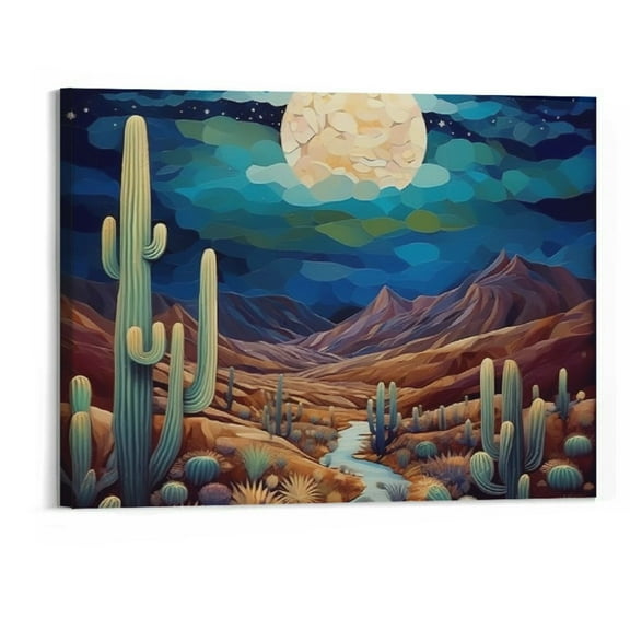 Canvas Wall Art - Desert Oasis Starry Night - Abstract Landscape Painting Artwork Picture Poster Unframed Print Suitable for Bathroom Living Room Office Decoration 20x16inch