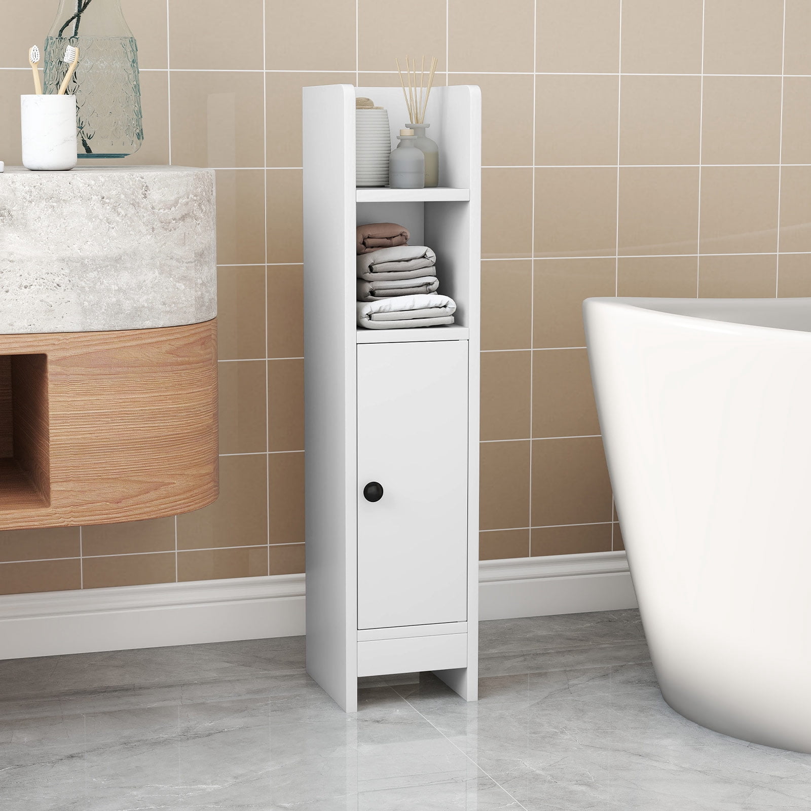 Topbuy Bathroom Storage Cabinet Small Corner Floor Cabinet with Door and Adjustable Shelves Toilet Paper Holder Stand White