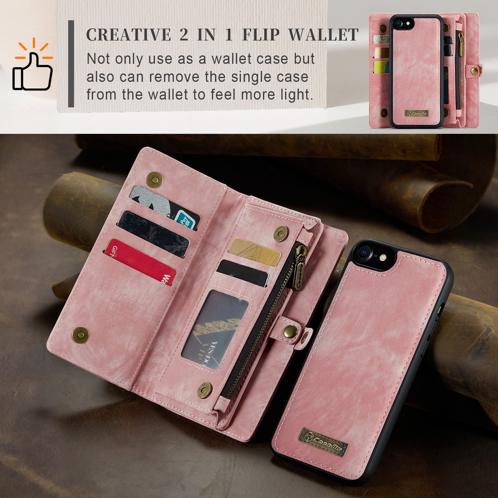 Feishell Durable 2-In-1 Magnetic Detachable Wallet Case for iPhone 7/8/SE 2020/SE 2022,for Women Men,Premium PU Leather Zipper Pocket Flip Multi Card Slots Purse Phone Case with Wrist Strap,Pink