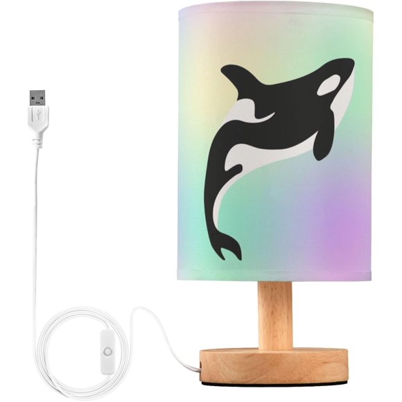 ERDS-Table Lamp Killer Whale in Swimming Pool Orca Swim in Water on Pastel Color Nightstand Lamp with Wood Base Fabric Lamp Shade Bedside Desk Lamp for Living Room Bedroom Kids Room Office