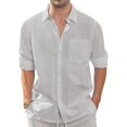 thumbnail image 2 of Cotton Linen Shirt for Men Henley Neck Solid Color Lightweight Breathable Slim Fit Single Breasted Shirt Long Sleeve Button Up Simple Fahion Shirts For Men, 2 of 4