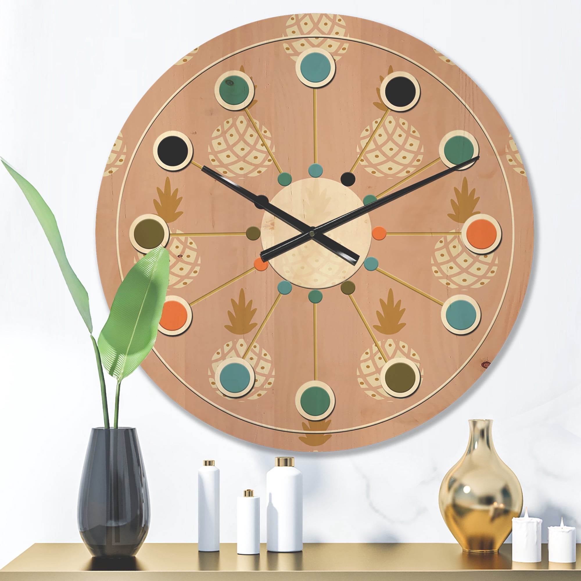 Designart 'Pineapple Summer Bliss Retro VII' Mid-Century Modern Wood Wall Clock