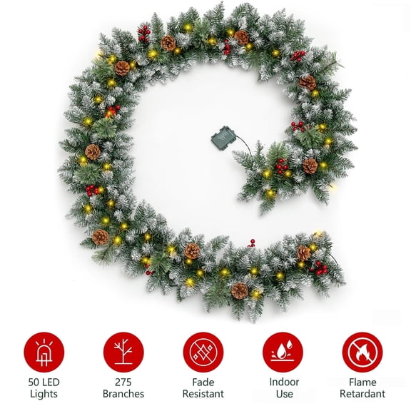 Qunler 2 pack - 9ft Outdoor Pre-Lit Christmas Garland with Lights & Timer for Fireplace Mantel Indoor Outdoor Christmas Decoration, 8 Modes, Battery Operated, Green