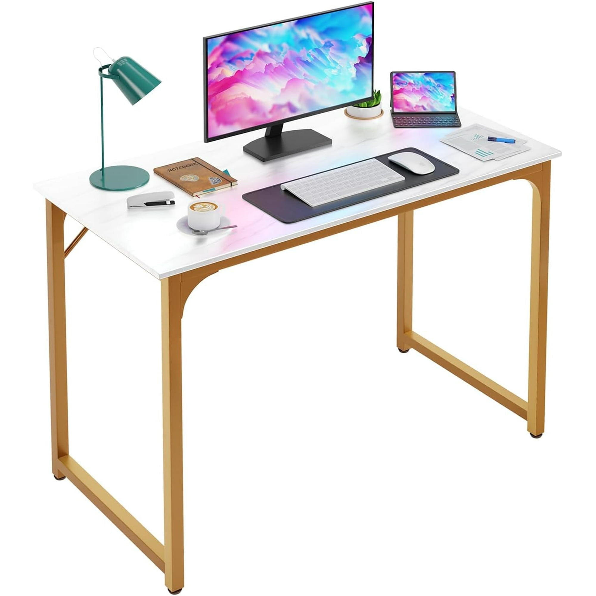 PayLessHere 39 inch Computer Desk Modern Writing Desk, Simple Study Table, Industrial Office Desk, Sturdy Laptop Table for Home Office,Gold