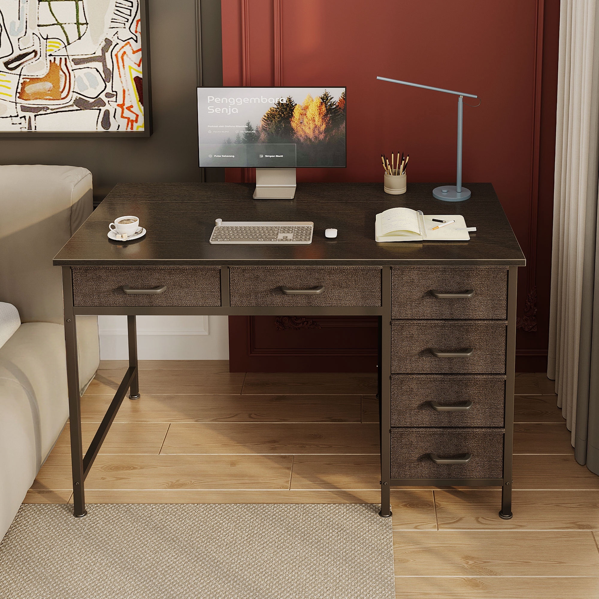 Casacomoda 40" Home Office Desk with 6 Drawers, Modern Computer Desk with Small Space, Corner Computer Desk, Black