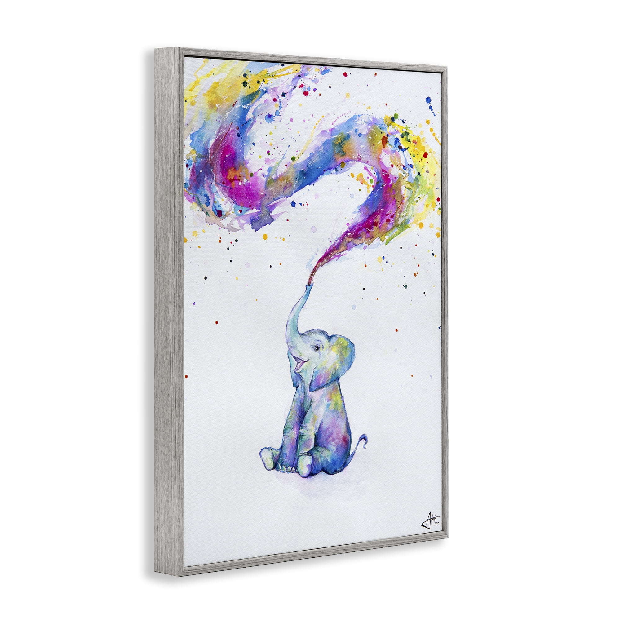 Stupell Industries Spring Elephant & Paint Splatter Gray Framed Giclee Art, design by Marc Allante