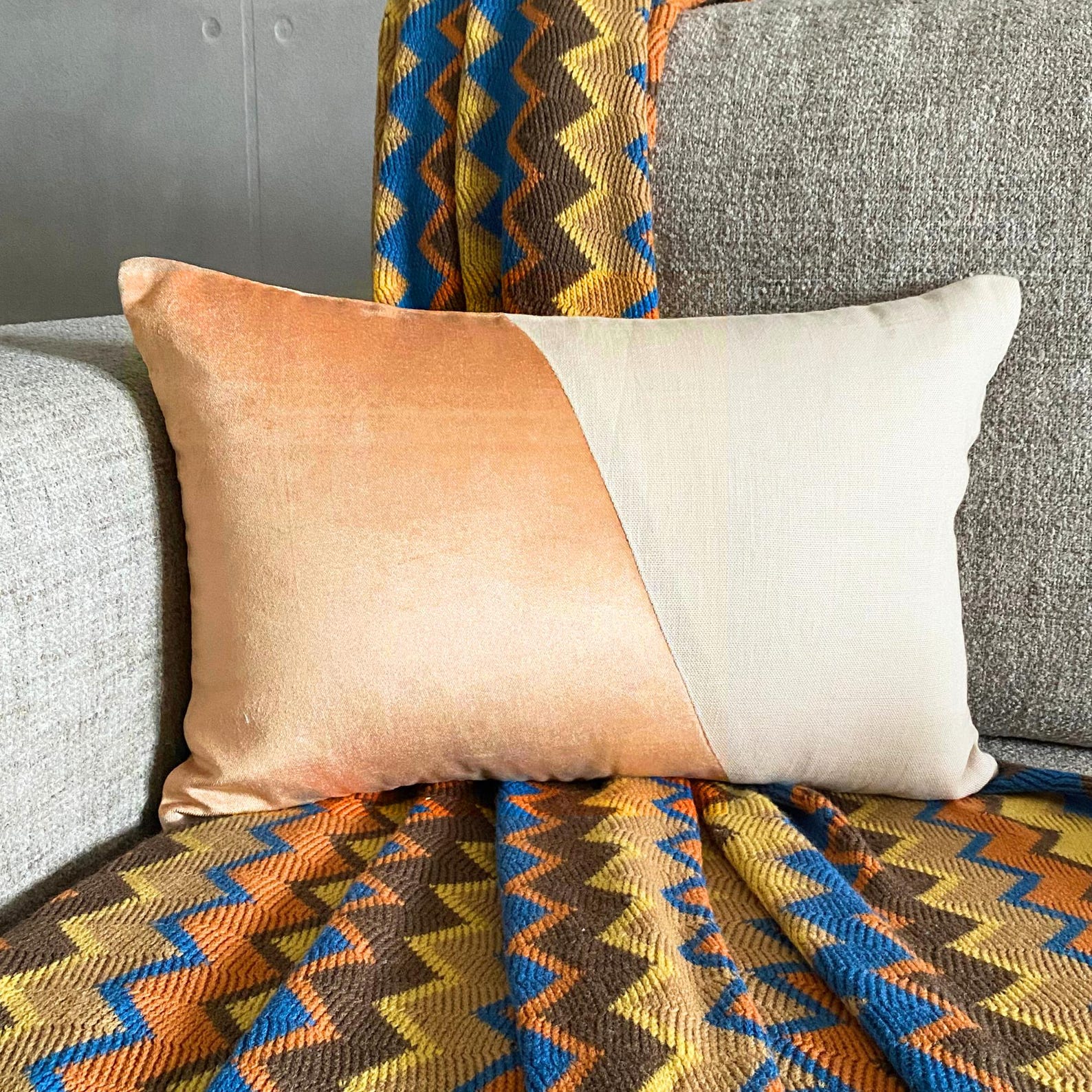 The HomeCentric Decorative Beige Pack of 2, 12"x26" (30x65 cm) Lumbar Pillow Cover, Velvet & Linen Solid Color Block Oblong Pillow, Patchwork Pattern Modern Style - Velutinous Beige