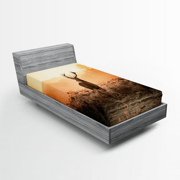 Ambesonne Hunting Fitted Sheet, Deer Morning Sun, Twin Size, Brown Orange