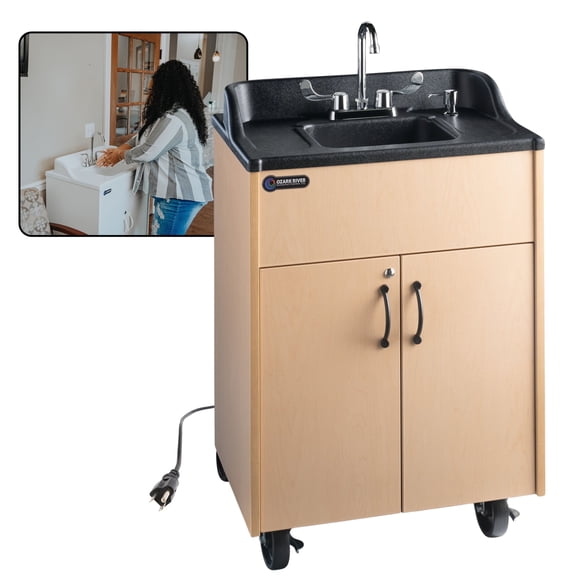 Ozark River Manufacturing Premier, Portable Sink Hand Wash Station, 110V, Maple Laminate Cabinet-ABS Countertop & Basin
