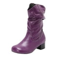 thumbnail image 5 of Western Boots for Women Slouchy Leather Block Heel Round Toe Mid Calf Booties Winter Thickened Warm Casual Retro Long Boots Purple Size 7.5, 5 of 5