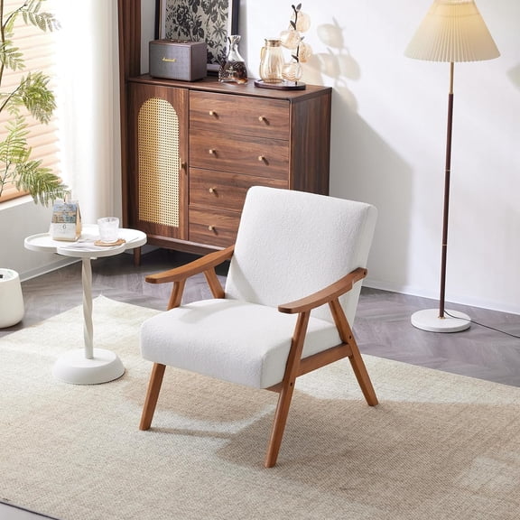 White Teddy Fleece Modern Accent Chair, Retro Mid Century Lounge Boucle Chairs for Living Room, Sturdy Upholstered Fluffy Solid Wood Boho Farmhouse Armchairs for Bedroom/Reception
