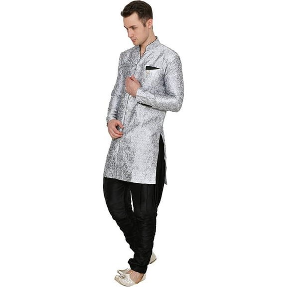 Royal Kurta Men's Jacquard Silk Floral Print Indowestern Sherwani Silver