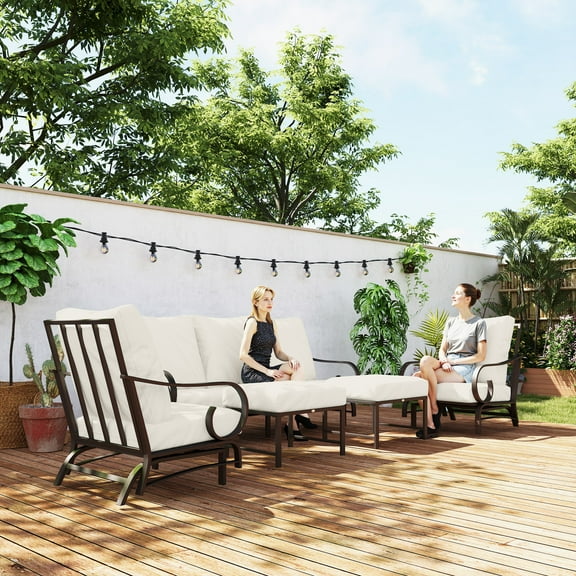 Outsunny 5 Piece Patio Furniture Set with 2 Rocking Chairs, 3-Seat Sofa, and 2 Ottomans for Garden, Lawn, Deck, Backyard, Beige