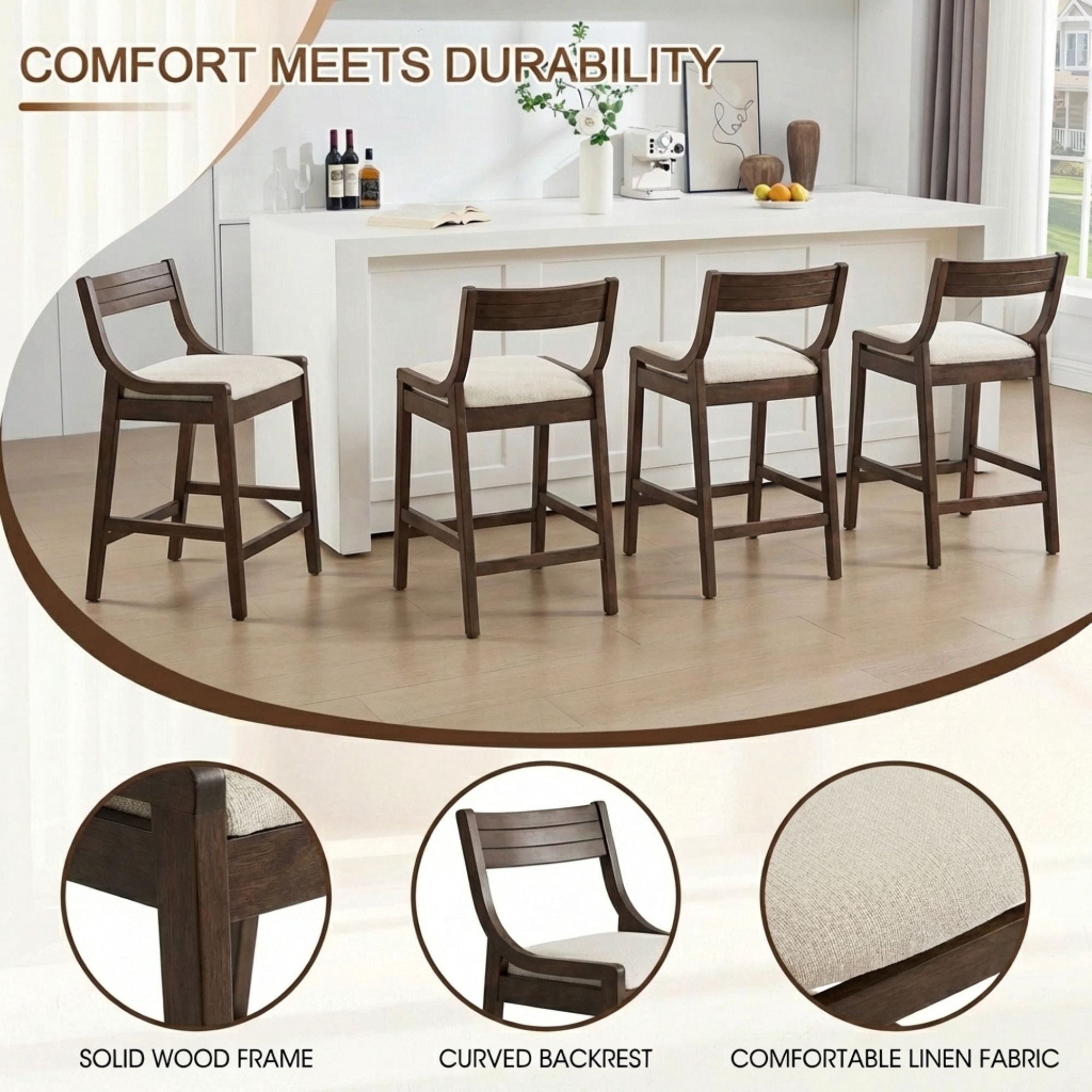 Dayalane Modern Farmhouse Bar Stools Set of 4, 26”Counter Height Bar Stools with Slatted Back, Linen Upholstered & Solid Wood Legs Barstools for Kitchen Island Dining Rooms and Home Bars, Beige