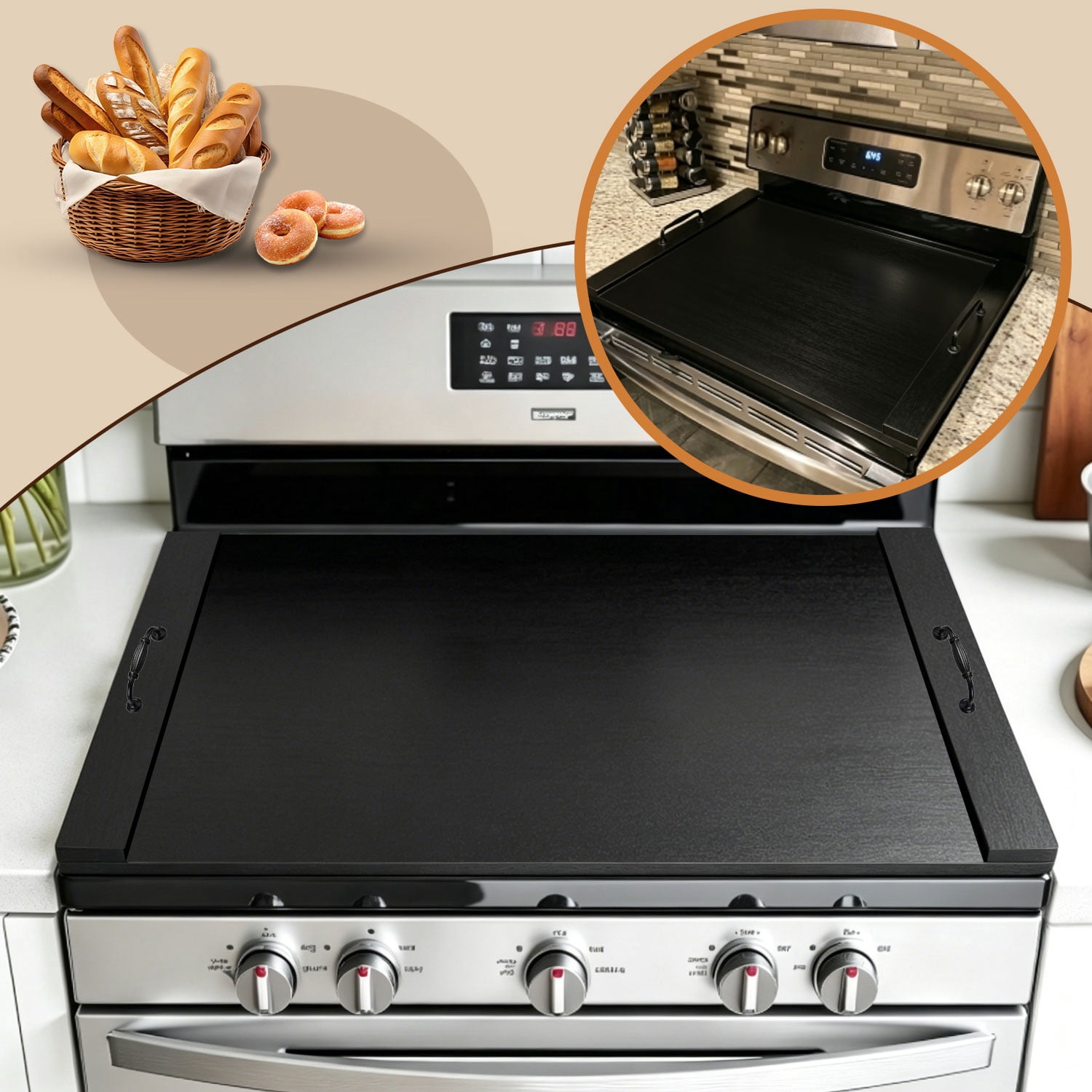 YAOYAO LAND Noodle Board Stove Cover with Handles, Acacia Wood, for Electric Gas Stove Top (Black)