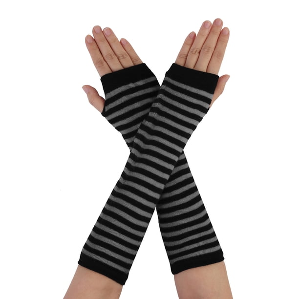 Guantes de punto largos sin dedos para mujer con agujero para el pulgar, a rayas sólidas, góticos, negro-gris