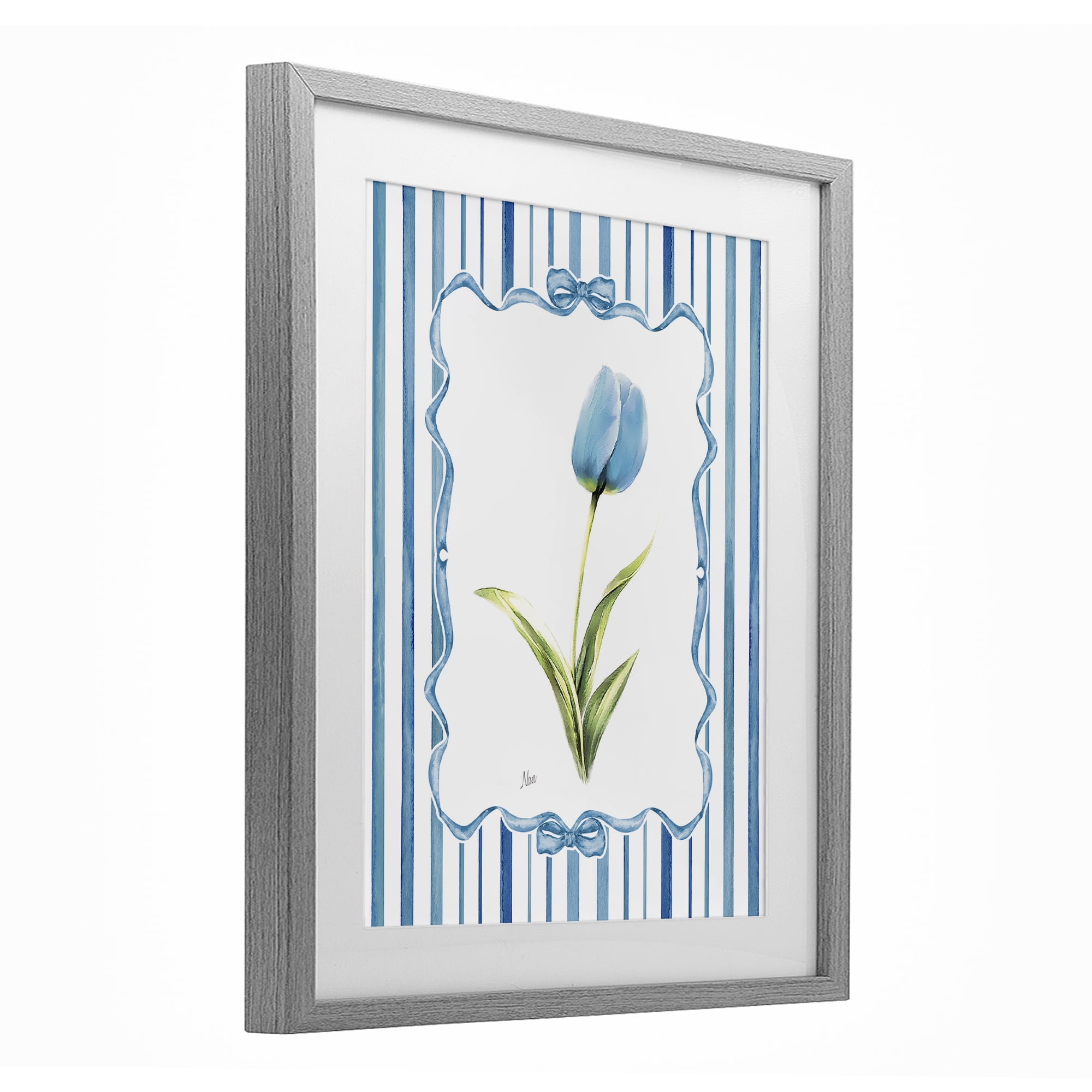 Stupell Industries Blue Tulip & Ribbon Border Gray Framed Print Under Glass, design by Nan