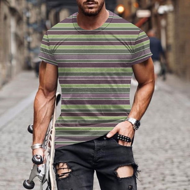 Tops para hombre, blusas y camisas de manga corta con cuello redondo para hombre, blusas de manga corta con cuello redondo y estampado de rayas para hombre, blusa para hombre