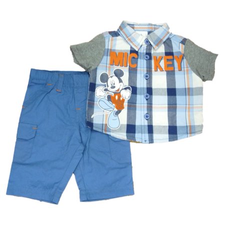Disney Mickey Infant Boys Baby Outfit Blue Plaid Button Up Shirt & Pants Set
