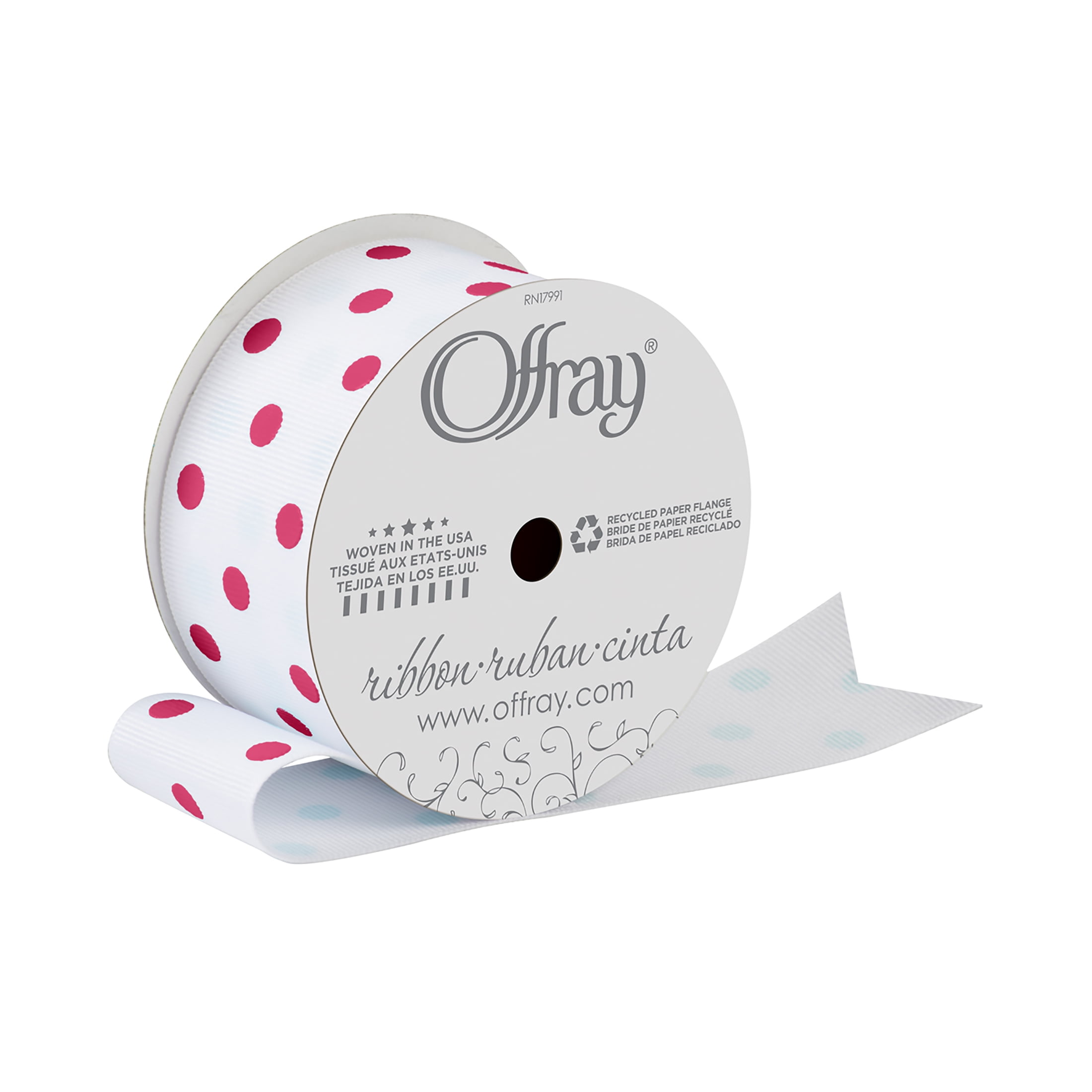 Offray Ribbon, Light Pink Dot on White 1 1/2 inch Grosgrain Polyester Ribbon, 9 feet