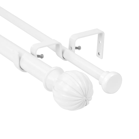 Urbanest Fluted Ball Flat Button 1" 5/8" Double Drapery Curtain Window Rod Set - 48" to 84", White