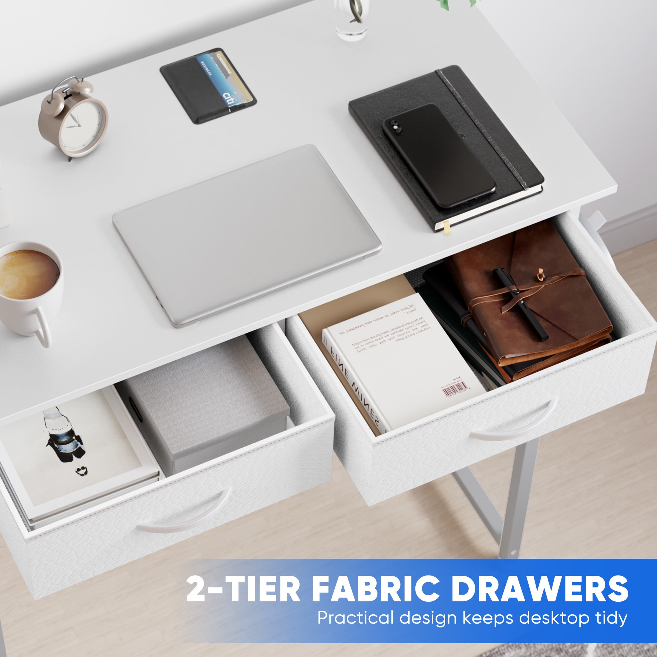 JIOABL Small Desk with 2 Drawers 32 Inch Bedroom Kids Student Vanity Home Office Computer PC Table with Fabric Storage Bag, Study Writing Wood Deskboard for Small Spaces,White