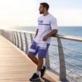thumbnail image 5 of Sewkxo Men Color Block Striped Short Sleeve T Shirt And Shorts Set Casual Athletic 2 Piece Outfit Drawstring Waist Set,Purple L, 5 of 6