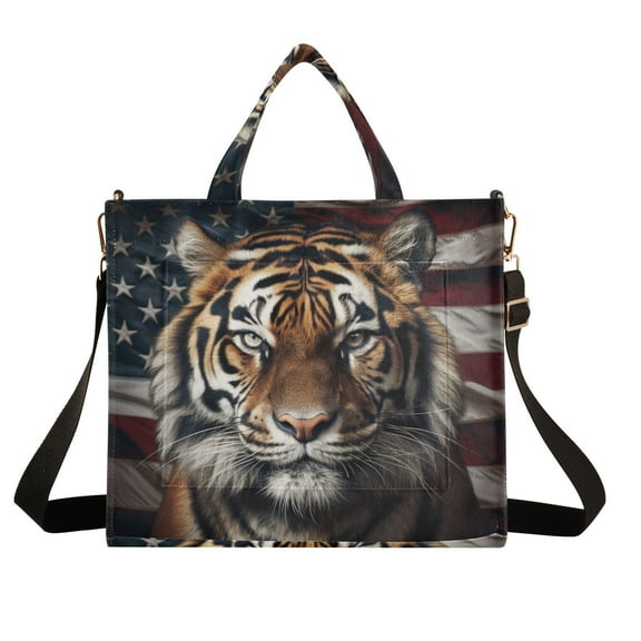 Tiger American Flag Corduroy Tote Bag Handbag Large Messenger Bag Shoulder Crossbody Zipper Bag Purse